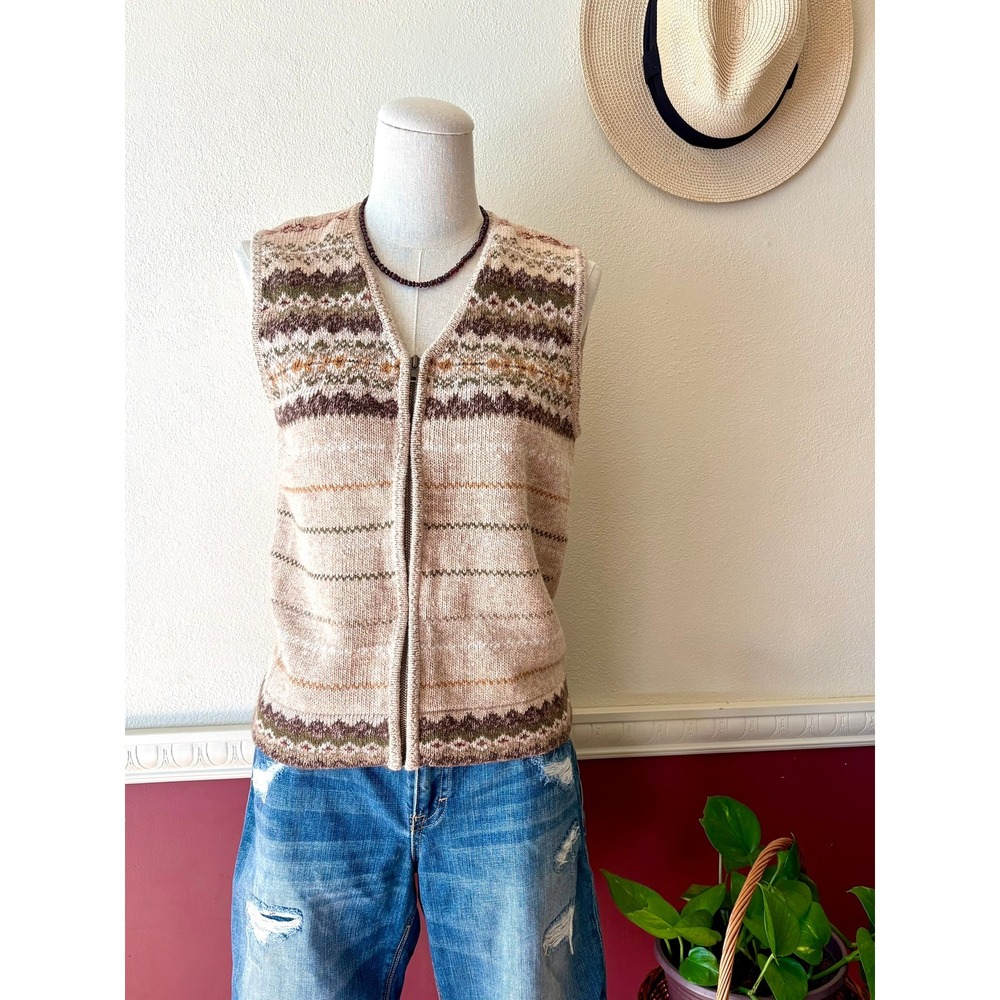 Vtg Erika & Co Fair Isle Zip Front Sweater Vest Tan Ramie Cotton S Indie Cottage